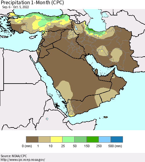 Middle East and Turkey Precipitation 1-Month (CPC) Thematic Map For 9/6/2022 - 10/5/2022