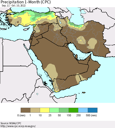 Middle East and Turkey Precipitation 1-Month (CPC) Thematic Map For 9/11/2022 - 10/10/2022