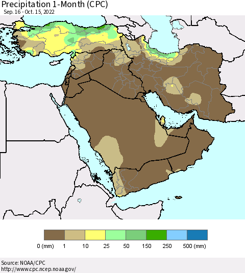 Middle East and Turkey Precipitation 1-Month (CPC) Thematic Map For 9/16/2022 - 10/15/2022