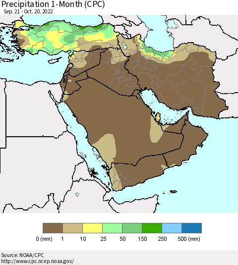 Middle East and Turkey Precipitation 1-Month (CPC) Thematic Map For 9/21/2022 - 10/20/2022