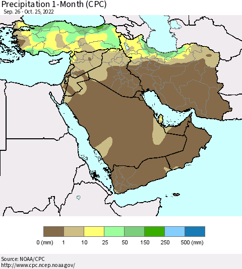 Middle East and Turkey Precipitation 1-Month (CPC) Thematic Map For 9/26/2022 - 10/25/2022