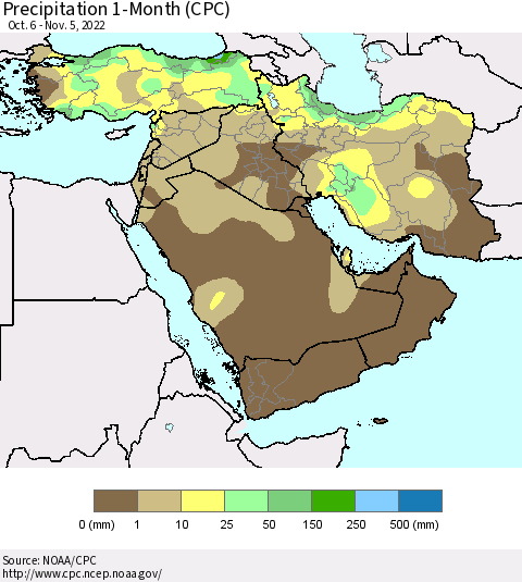 Middle East and Turkey Precipitation 1-Month (CPC) Thematic Map For 10/6/2022 - 11/5/2022