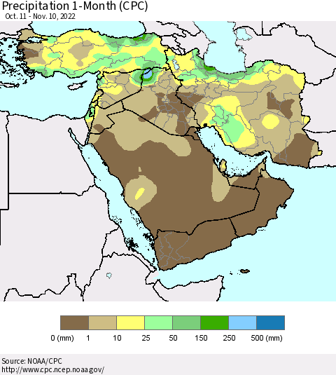 Middle East and Turkey Precipitation 1-Month (CPC) Thematic Map For 10/11/2022 - 11/10/2022