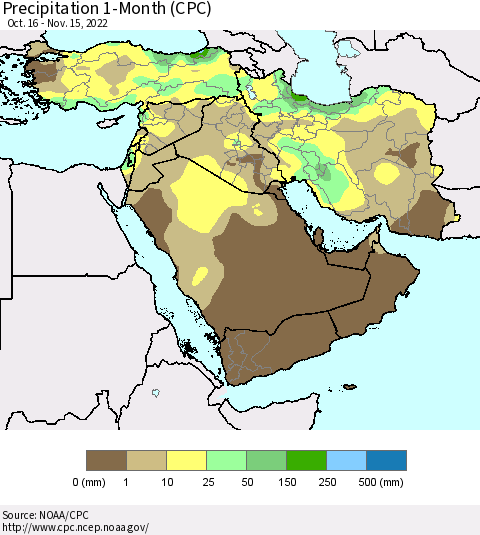 Middle East and Turkey Precipitation 1-Month (CPC) Thematic Map For 10/16/2022 - 11/15/2022