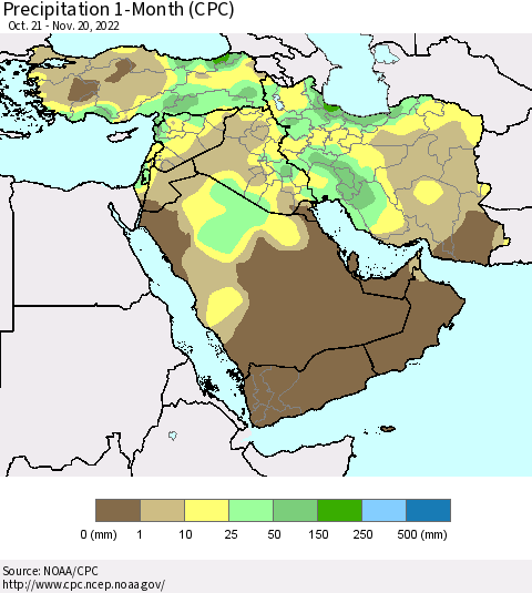Middle East and Turkey Precipitation 1-Month (CPC) Thematic Map For 10/21/2022 - 11/20/2022