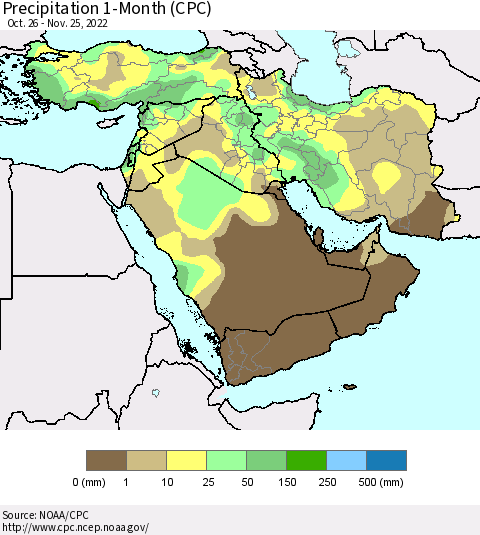 Middle East and Turkey Precipitation 1-Month (CPC) Thematic Map For 10/26/2022 - 11/25/2022