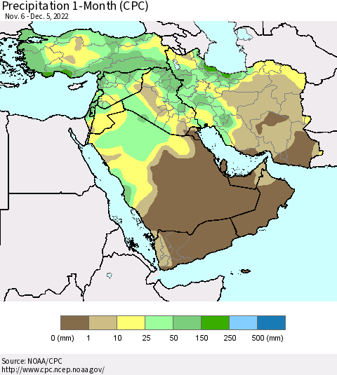 Middle East and Turkey Precipitation 1-Month (CPC) Thematic Map For 11/6/2022 - 12/5/2022