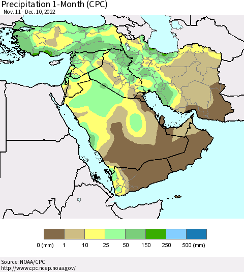 Middle East and Turkey Precipitation 1-Month (CPC) Thematic Map For 11/11/2022 - 12/10/2022