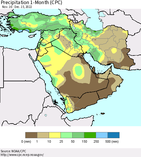 Middle East and Turkey Precipitation 1-Month (CPC) Thematic Map For 11/16/2022 - 12/15/2022