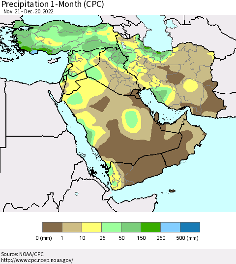 Middle East and Turkey Precipitation 1-Month (CPC) Thematic Map For 11/21/2022 - 12/20/2022