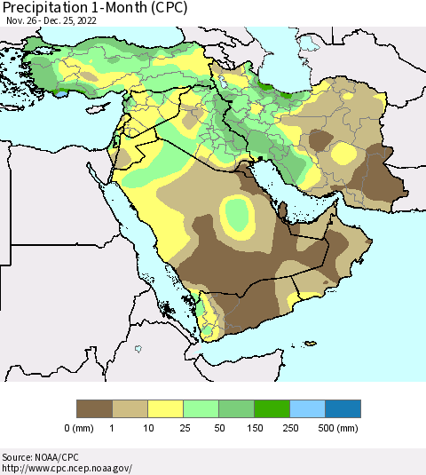 Middle East and Turkey Precipitation 1-Month (CPC) Thematic Map For 11/26/2022 - 12/25/2022