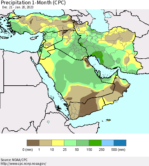 Middle East and Turkey Precipitation 1-Month (CPC) Thematic Map For 12/21/2022 - 1/20/2023