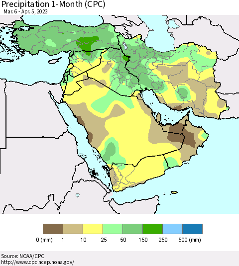 Middle East and Turkey Precipitation 1-Month (CPC) Thematic Map For 3/6/2023 - 4/5/2023