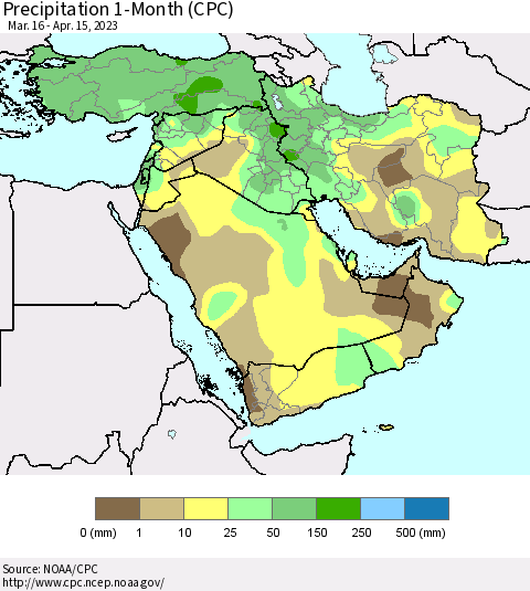 Middle East and Turkey Precipitation 1-Month (CPC) Thematic Map For 3/16/2023 - 4/15/2023