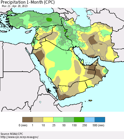 Middle East and Turkey Precipitation 1-Month (CPC) Thematic Map For 3/21/2023 - 4/20/2023