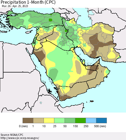 Middle East and Turkey Precipitation 1-Month (CPC) Thematic Map For 3/26/2023 - 4/25/2023