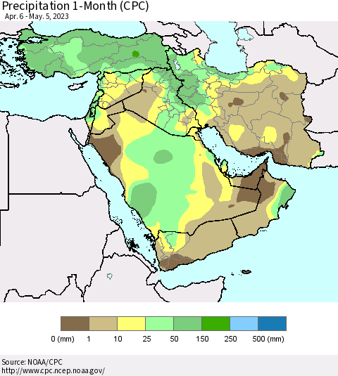 Middle East and Turkey Precipitation 1-Month (CPC) Thematic Map For 4/6/2023 - 5/5/2023