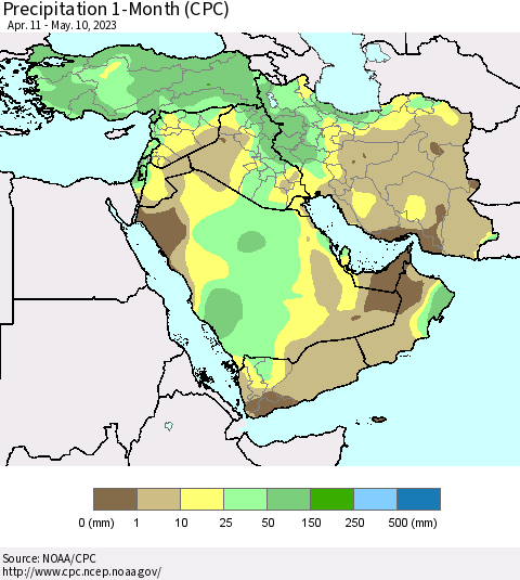 Middle East and Turkey Precipitation 1-Month (CPC) Thematic Map For 4/11/2023 - 5/10/2023