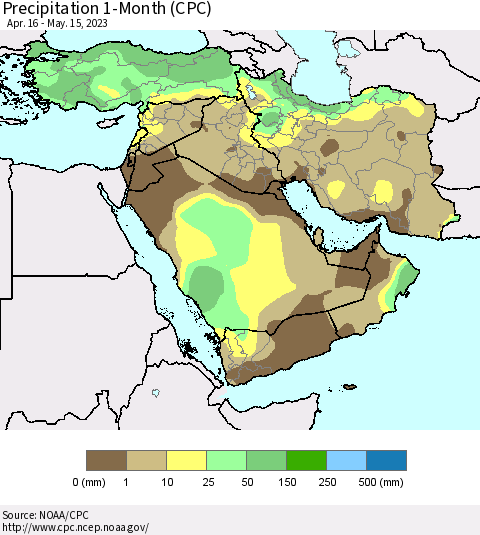 Middle East and Turkey Precipitation 1-Month (CPC) Thematic Map For 4/16/2023 - 5/15/2023