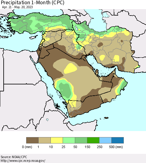 Middle East and Turkey Precipitation 1-Month (CPC) Thematic Map For 4/21/2023 - 5/20/2023
