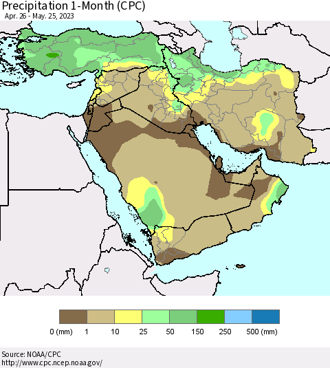 Middle East and Turkey Precipitation 1-Month (CPC) Thematic Map For 4/26/2023 - 5/25/2023