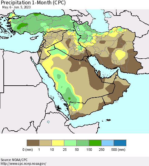 Middle East and Turkey Precipitation 1-Month (CPC) Thematic Map For 5/6/2023 - 6/5/2023