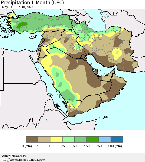 Middle East and Turkey Precipitation 1-Month (CPC) Thematic Map For 5/11/2023 - 6/10/2023
