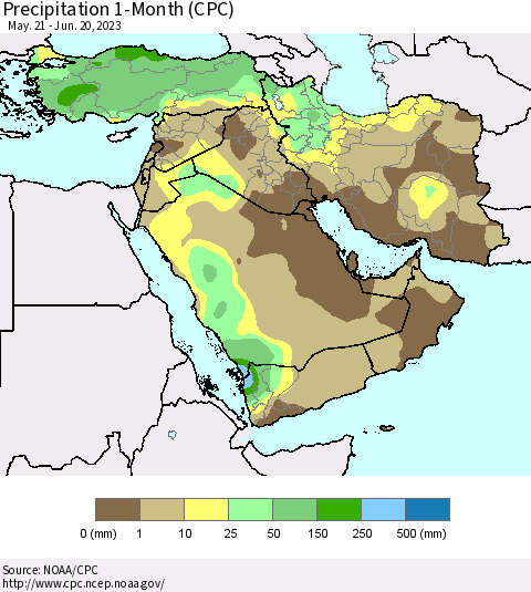 Middle East and Turkey Precipitation 1-Month (CPC) Thematic Map For 5/21/2023 - 6/20/2023