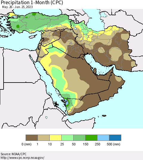 Middle East and Turkey Precipitation 1-Month (CPC) Thematic Map For 5/26/2023 - 6/25/2023