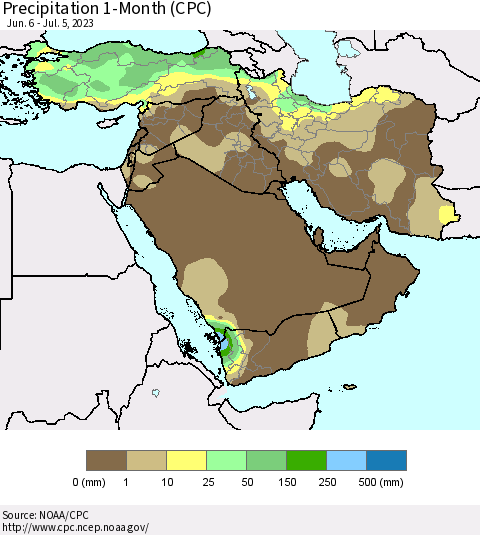 Middle East and Turkey Precipitation 1-Month (CPC) Thematic Map For 6/6/2023 - 7/5/2023