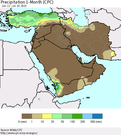 Middle East and Turkey Precipitation 1-Month (CPC) Thematic Map For 6/11/2023 - 7/10/2023