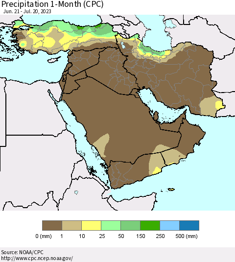 Middle East and Turkey Precipitation 1-Month (CPC) Thematic Map For 6/21/2023 - 7/20/2023