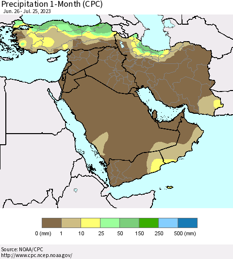 Middle East and Turkey Precipitation 1-Month (CPC) Thematic Map For 6/26/2023 - 7/25/2023
