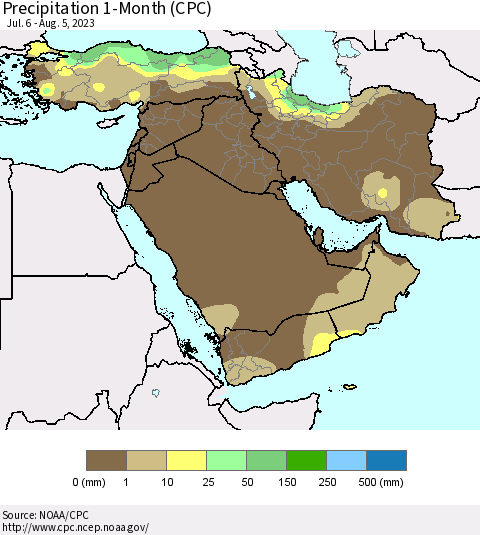 Middle East and Turkey Precipitation 1-Month (CPC) Thematic Map For 7/6/2023 - 8/5/2023