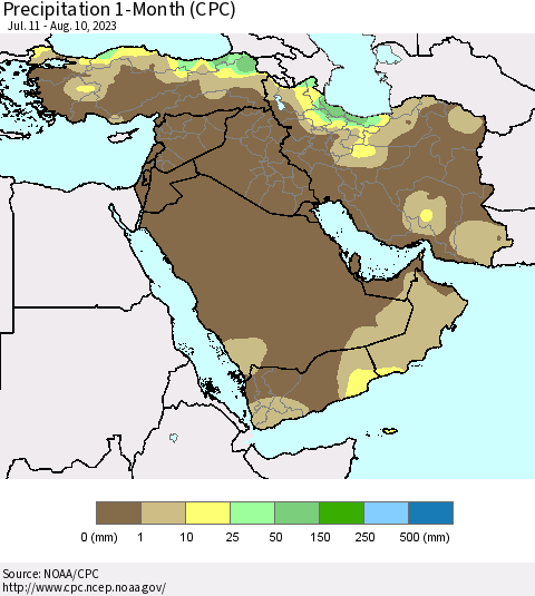 Middle East and Turkey Precipitation 1-Month (CPC) Thematic Map For 7/11/2023 - 8/10/2023