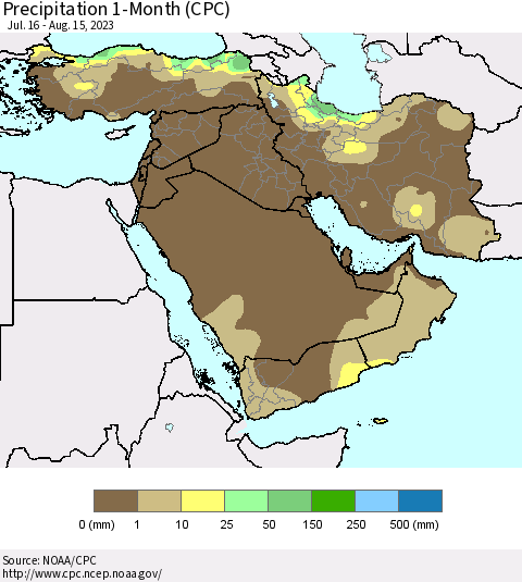 Middle East and Turkey Precipitation 1-Month (CPC) Thematic Map For 7/16/2023 - 8/15/2023