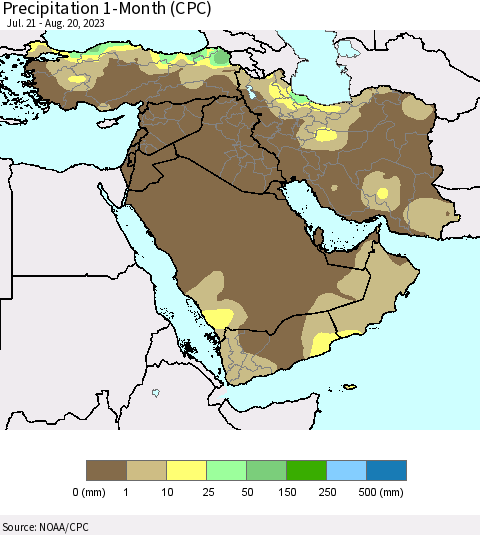 Middle East and Turkey Precipitation 1-Month (CPC) Thematic Map For 7/21/2023 - 8/20/2023