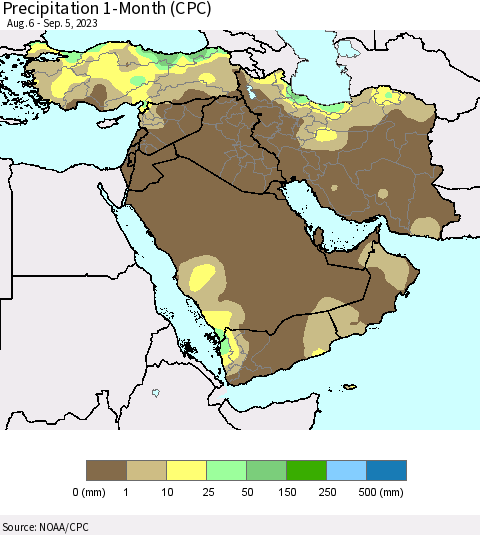 Middle East and Turkey Precipitation 1-Month (CPC) Thematic Map For 8/6/2023 - 9/5/2023