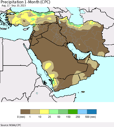 Middle East and Turkey Precipitation 1-Month (CPC) Thematic Map For 8/11/2023 - 9/10/2023