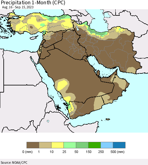 Middle East and Turkey Precipitation 1-Month (CPC) Thematic Map For 8/16/2023 - 9/15/2023