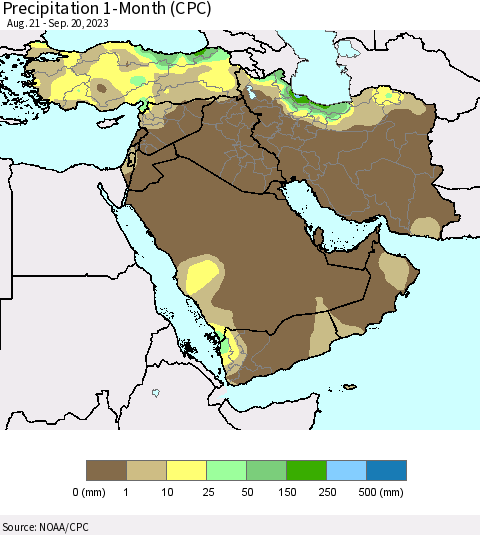Middle East and Turkey Precipitation 1-Month (CPC) Thematic Map For 8/21/2023 - 9/20/2023