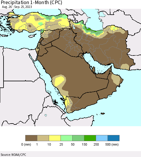 Middle East and Turkey Precipitation 1-Month (CPC) Thematic Map For 8/26/2023 - 9/25/2023