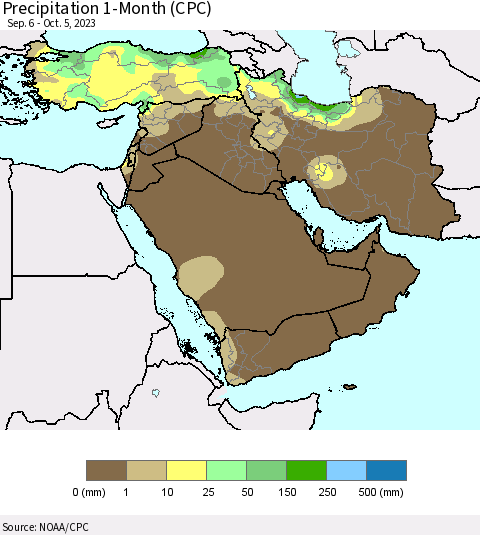 Middle East and Turkey Precipitation 1-Month (CPC) Thematic Map For 9/6/2023 - 10/5/2023