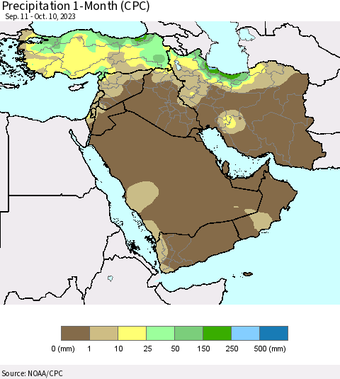 Middle East and Turkey Precipitation 1-Month (CPC) Thematic Map For 9/11/2023 - 10/10/2023