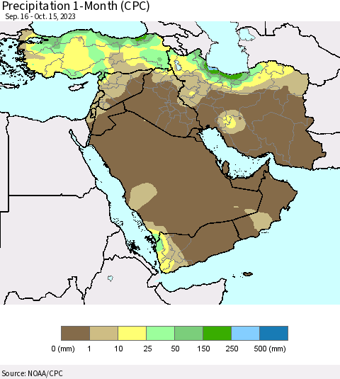Middle East and Turkey Precipitation 1-Month (CPC) Thematic Map For 9/16/2023 - 10/15/2023