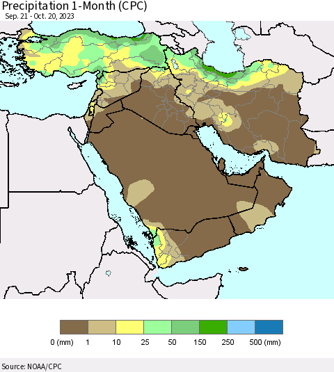 Middle East and Turkey Precipitation 1-Month (CPC) Thematic Map For 9/21/2023 - 10/20/2023