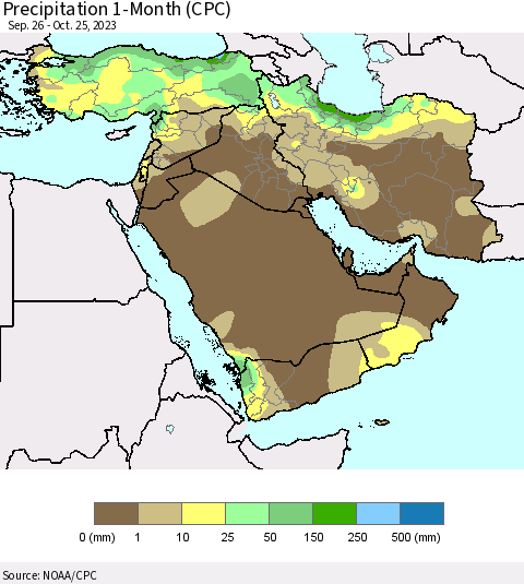 Middle East and Turkey Precipitation 1-Month (CPC) Thematic Map For 9/26/2023 - 10/25/2023