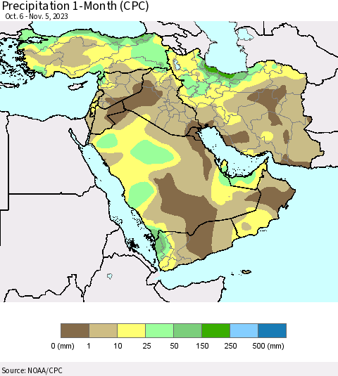 Middle East and Turkey Precipitation 1-Month (CPC) Thematic Map For 10/6/2023 - 11/5/2023