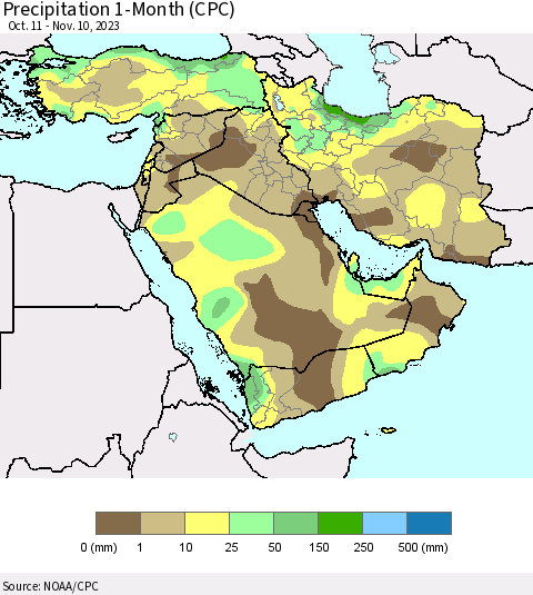 Middle East and Turkey Precipitation 1-Month (CPC) Thematic Map For 10/11/2023 - 11/10/2023