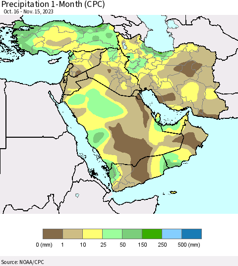 Middle East and Turkey Precipitation 1-Month (CPC) Thematic Map For 10/16/2023 - 11/15/2023